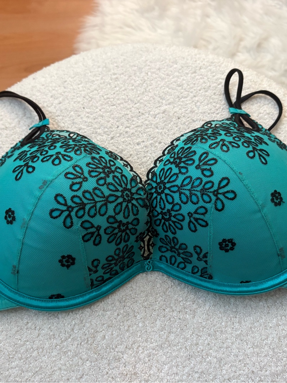 Victoria’s Secret Teal Push-Up Bra with Black Lace Embroidery - Women Intimates